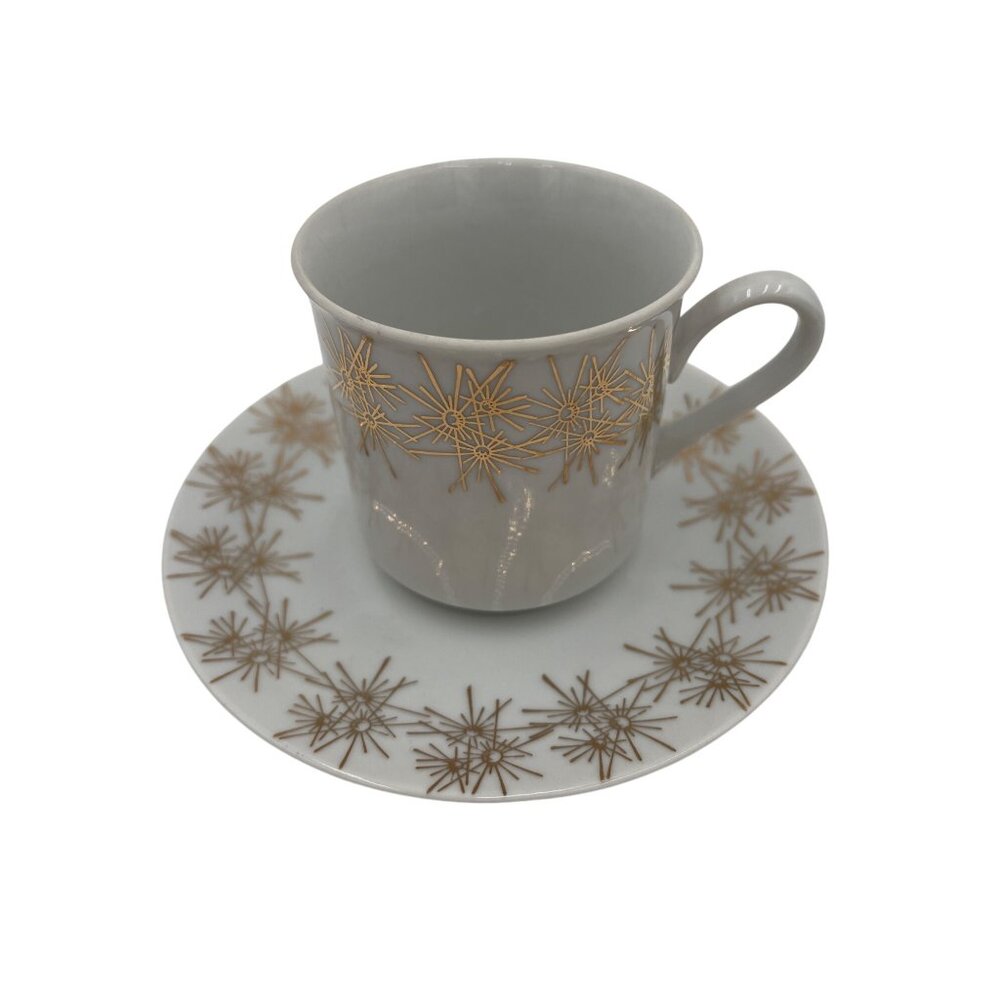 Vintage Czechoslovakian Fine China Cup & Saucer Set With Gold Starburst Design